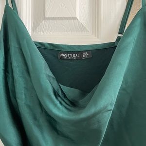 Cowl neck mini satin slip dress